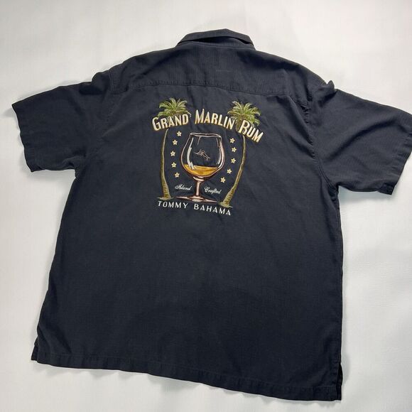 Tommy Bahama Grand Marlin Rum Button-Front Embroidered Shirt Silk Lounge Black L - Picture 1 of 12